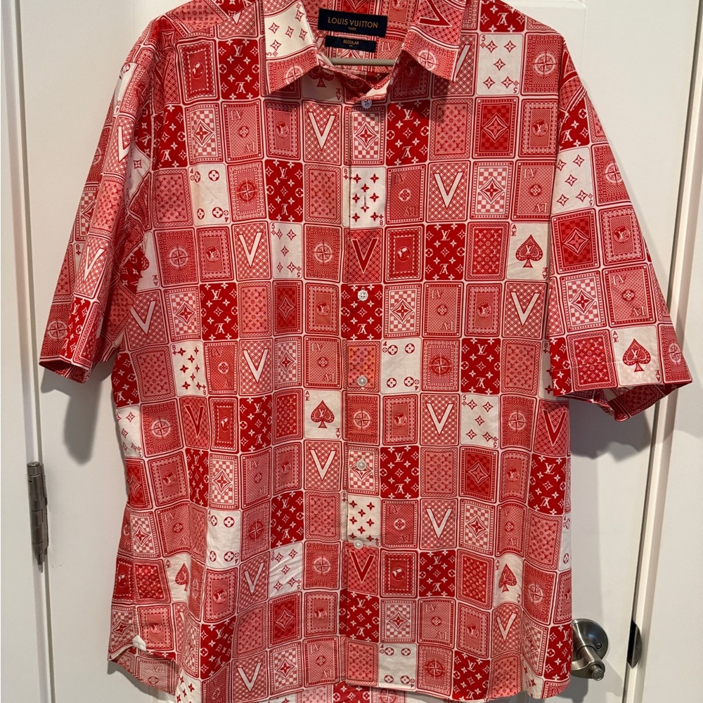 Louis Vuitton Playing Card Red and White Checkered Men's Shirt